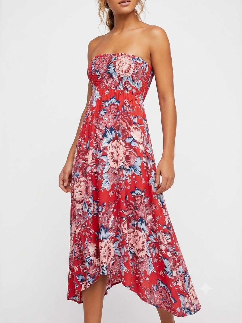Auguste The Label Strapless Smocked Red & Blue Floral Midi Dress